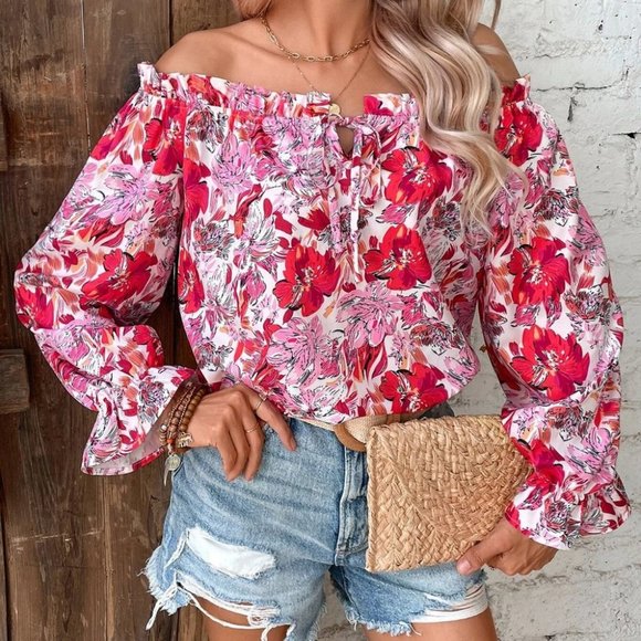 Pink Boho Womens Floral Print Off Shoulder Flounce Sleeve Ruffle Trim Blouse - Picture 3 of 5